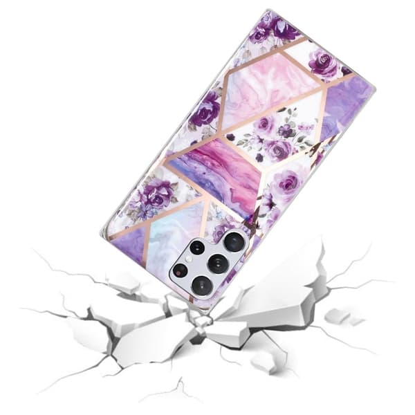 Deco Samsung Galaxy S23 Ultra Etui - Lilla Blomster / Marmor Pink