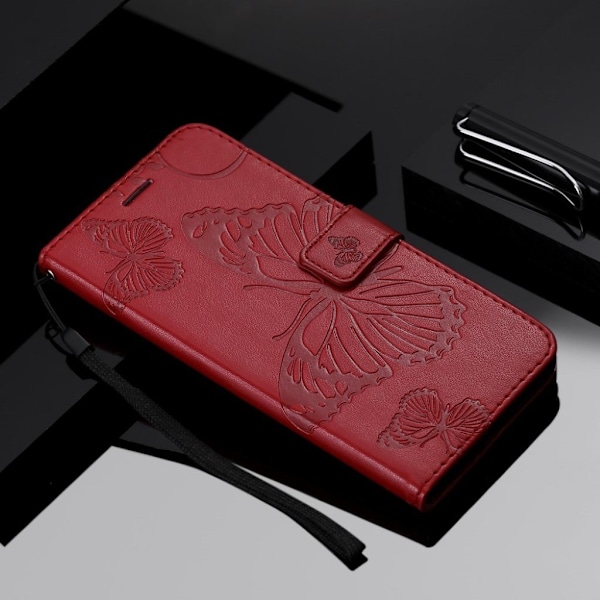 Huawei P Smart 2019 trykt sommerfugl læder flip etui - Rød Red