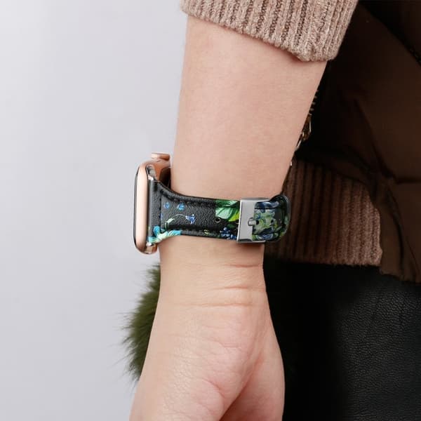 Apple Watch (45 mm) B6 klockarmband i äkta läder - Grön Blomma / Storlek: L Grön