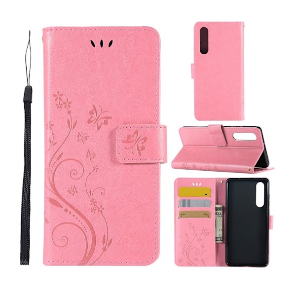 Huawei P30 sommerfugle- og blomstertryk læder flip etui - Lyserød Pink