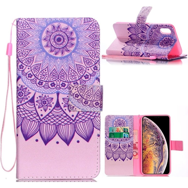 iPhone Xs Max mobilfodral silikon syntetläder plånbok stående tryckmotiv - Mandala blomma Lila