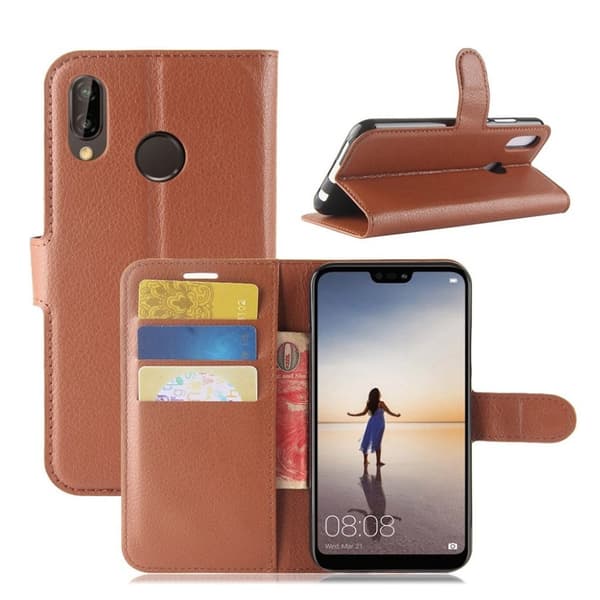 Huawei P20 Lite litchi tekstur PU læder flip etui - Brun Brown