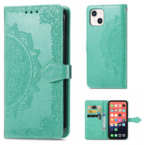 Mandala läder iPhone 13 fodral - Grön Grön