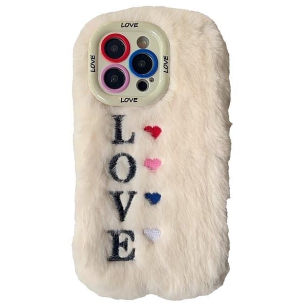 KJS-002 iPhone 15 Pro Max Fodral Lins Kickstand Broderad LOVE Fluffig Flexibelt telefonskal - Vit Vit
