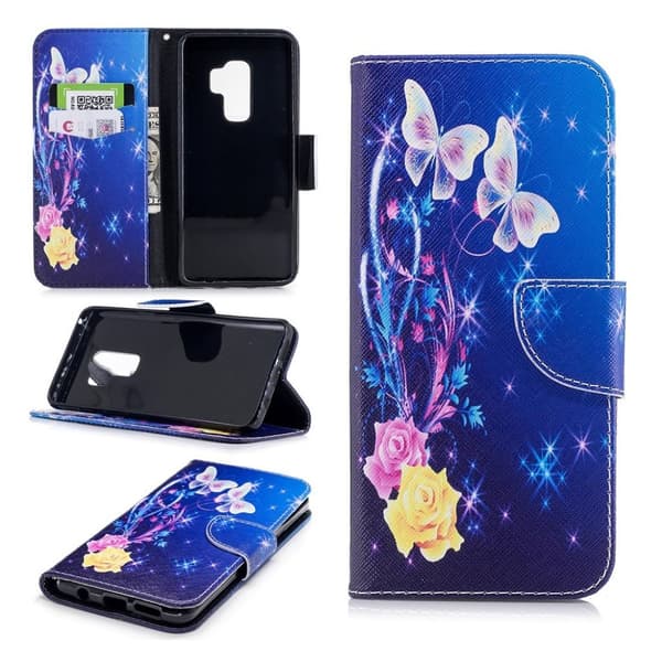 Samsung Galaxy S9 Plus Etui laget av kunstlær og silikon - Sommerfugler og stjerner Multicolor