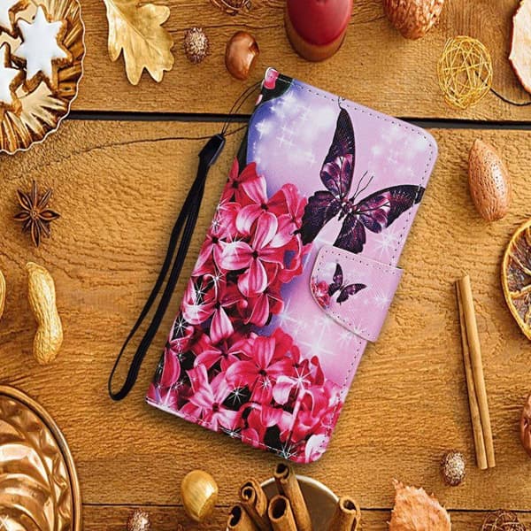 Wonderland iPhone 13 Pro flip etui - Rød Blomst Og Sommerfugl Pink