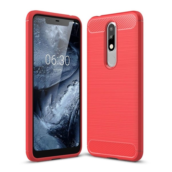Nokia 5.1 Plus beskyttelsesetui i silikone med børstet overfalde samt carbon tekstur - Rød Red