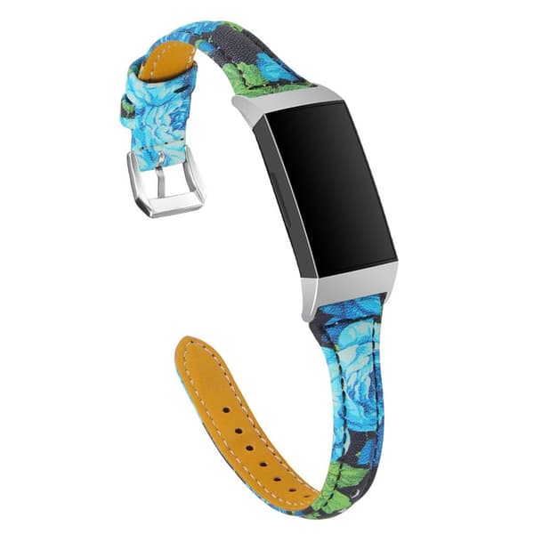 Fitbit Charge 3 blomster mønster ægte læder Urrem - Blå Rose Blue