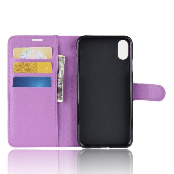 iPhone Xs Max flip etui i læder med litchi-tekstur - Lilla Purple