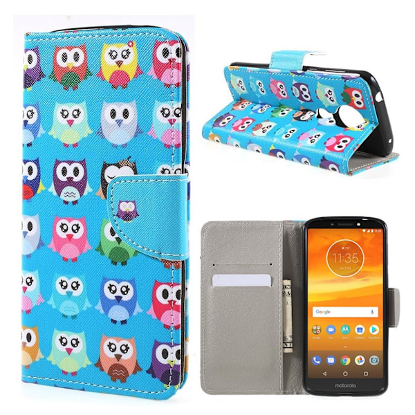 Motorola Moto E5 Plus mobilfodral PU läder skyddande stående läge plånbok tryck på - Multipla ugglor multifärg