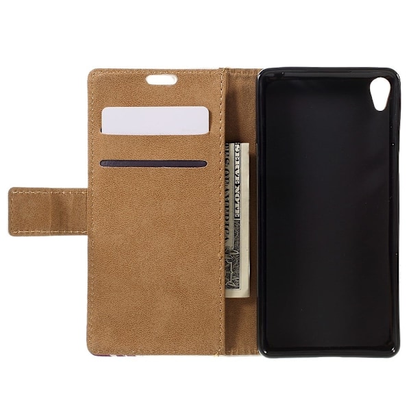 Moberg læder-etui med indbygget holder til Sony Xperia E5 - Uglepar på gren Multicolor