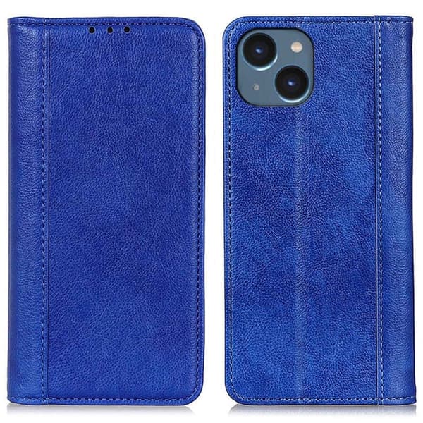 Ekte lærdeksel med magnetisk lukking for iPhone 14 - Blå Blue