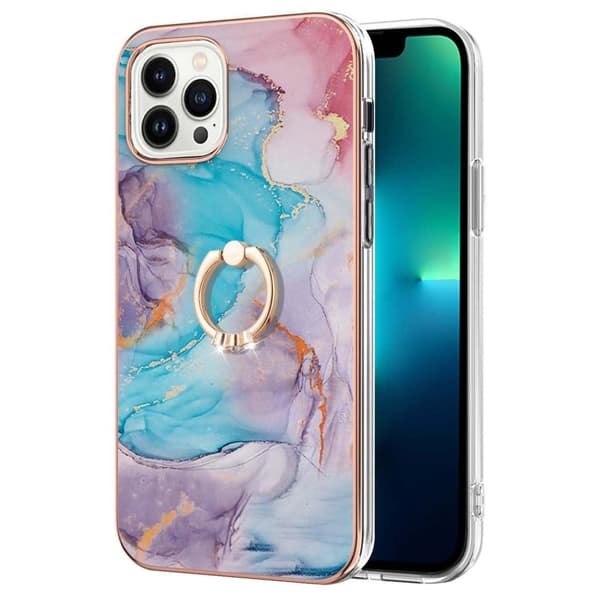 Marble Patterned Suojakuori With Ring Holder For iPhone 14 Pro - Milky Way Marble Blue Multicolor