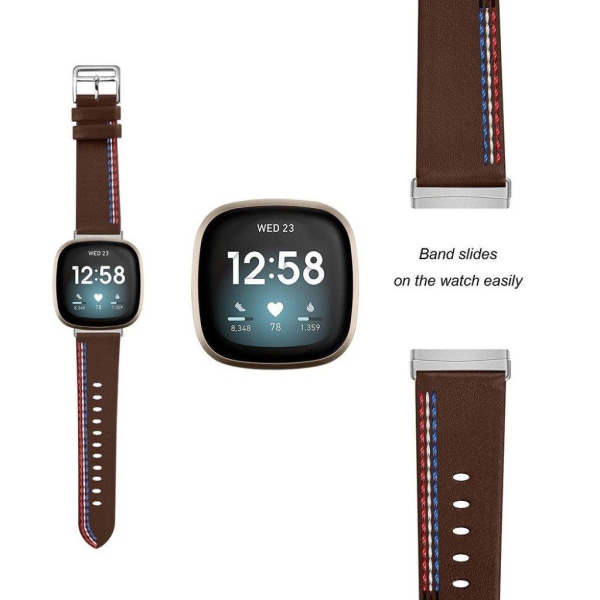 Fitbit Sense / Versa 3 kolme ommeltua linjaa aitoa nahkakellon hihna - Kahvi Brown