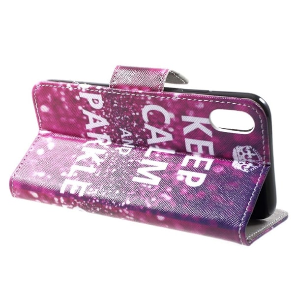 iPhone Xr læder flip cover med mønsterprint - Citat Keep Calm And Sparkle Multicolor