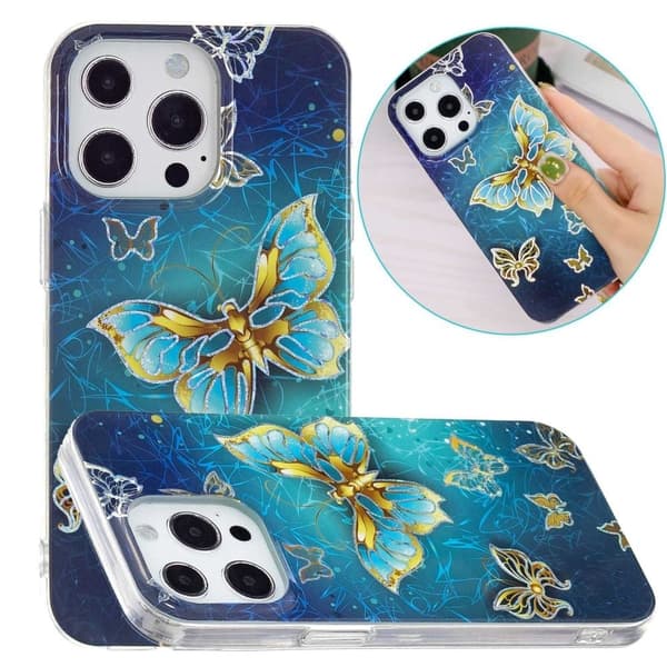 Marble iPhone 14 Pro Max Suojakotelo - Butterflies Blue