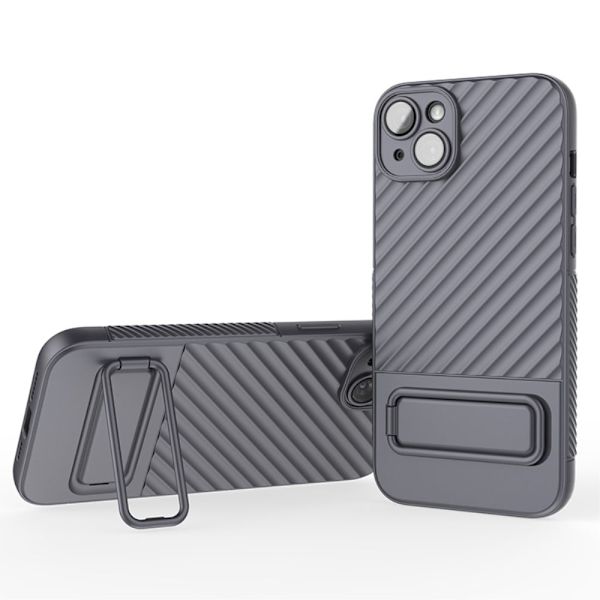 iPhone 14 Kickstand Phone Case Camera Lens Protector Rugged Flexible Back Cover - Sort Silver grey