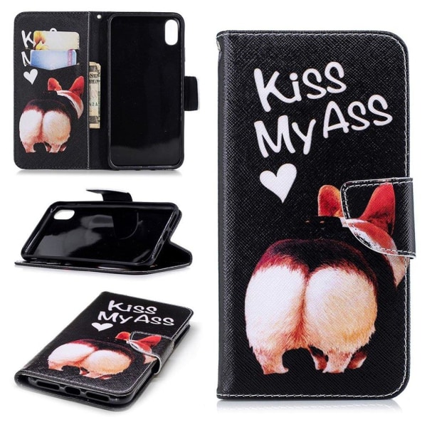 iPhone Xs Max flip cover i læder med mønsterprint - Kiss My Ass Multicolor