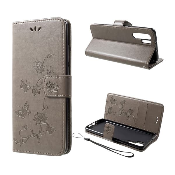 Huawei P30 Pro Sommerfugl Og Blomster Trykk Skinnetui - Grå Silver grey