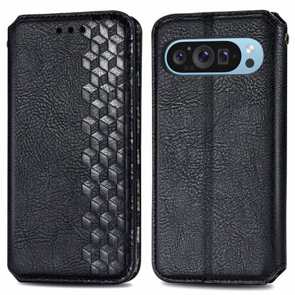 Läder Google Pixel 9 Pro XL fodral med romb-design - Svart Svart