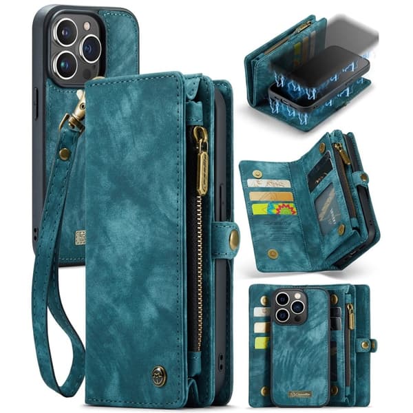 CaseMe iPhone 15 Pro etui med lynlås & pung - Blå Blue