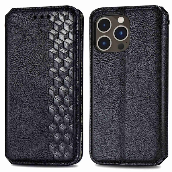 Läder iPhone 14 Pro fodral med romb-design - Svart Svart
