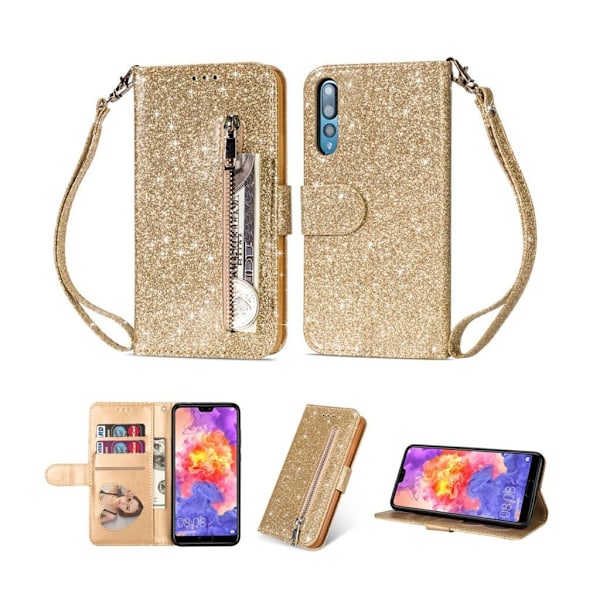 Huawei P20 Pro mobiletui i kunstlæder med glitter og kortholder - Guld Gold