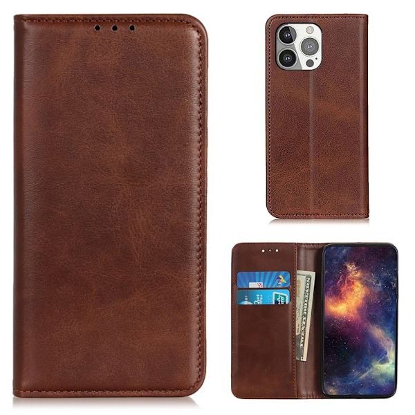 iPhone 13 Pro flip etui i ægte læder med pung – Brun Brown