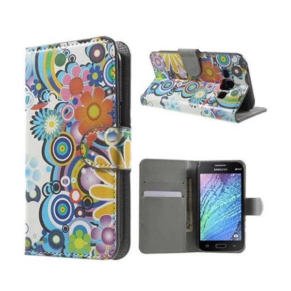 Moberg Samsung Galaxy J1 Læder Etui Med Stander Og  Kortholder - Farvede Blomster Multicolor