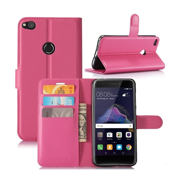 Huawei Honor 8 Lite Litsi Pintainen Nahkakotelo Lompakko - Kuuma Pinkki Pink