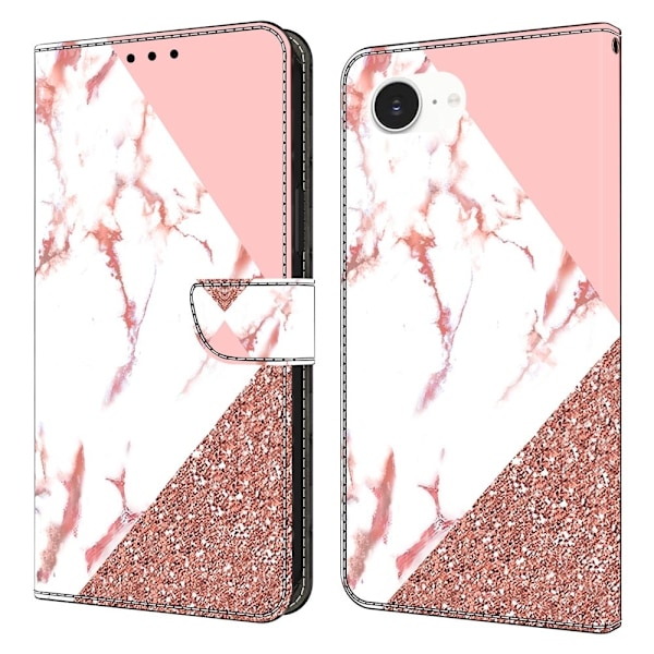 iPhone 16e Plånboksfodral Mönster Tryck Stativ Läder Flip Phone Cover - Triangulär Marmor Rosa