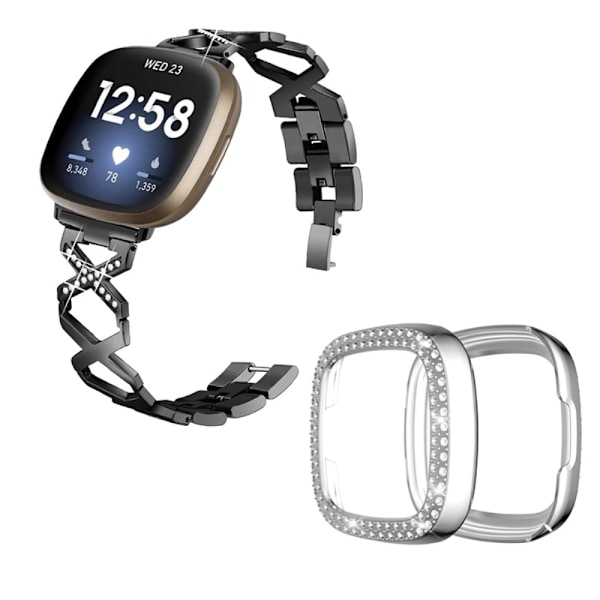Fitbit Sense / Versa 3 X-formad med strassdekorerat klockarmband med silverfodral - Svart Svart