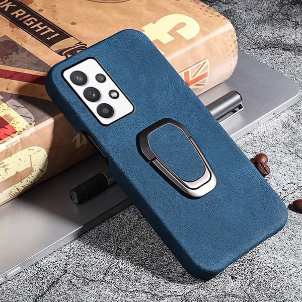 Stötsäkert läderfodral med oval kickstand för Samsung Galaxy A32 - Blå Blå