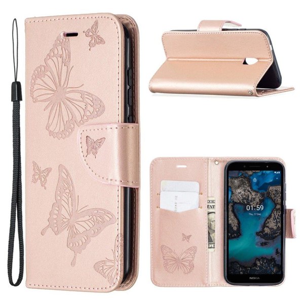 Butterfly Nokia C1 Plus Flip Etui - Rødguld Pink