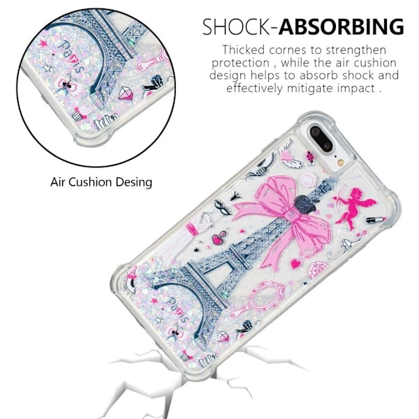 iPhone 7 Plus / 8 Plus stødsikkert etui med flydende glitterpulver - Eiffeltårnet Med Sløjfeknude Multicolor