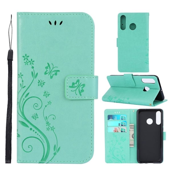 Huawei P30 Lite Avtryck fjäril och blomma läderfodral - Grön Grön