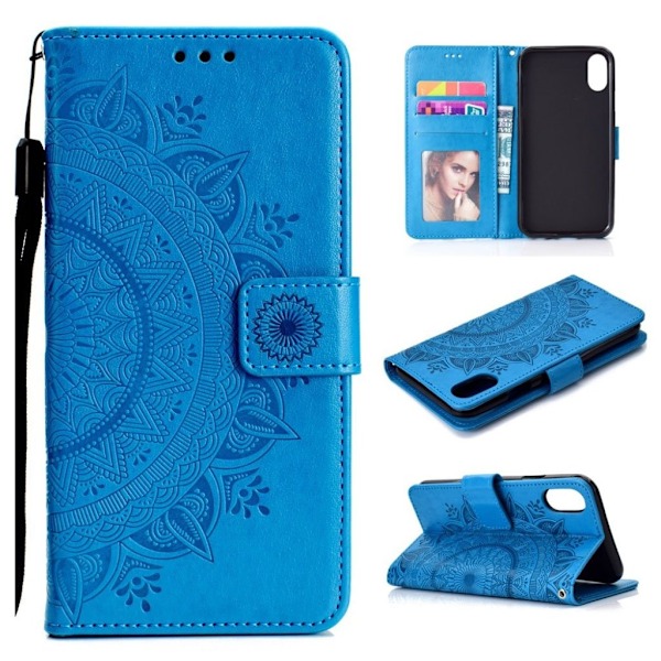 iPhone Xr flip cover i læder med Mandala-mønster - Blå Blue
