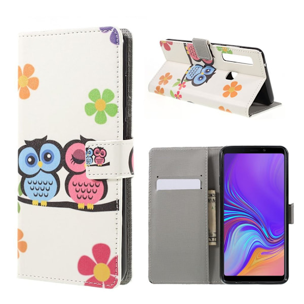 Samsung Galaxy A9 (2018) kuviollinen synteetti nahkainen lompakko suojakotelo kortti ja seteli paikoilla - Pöllö Pari Multicolor