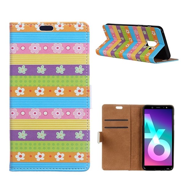 Samsung Galaxy A6 mobiletui i kunstlæder med printet mønster samt pung og stativ - Farverige streger og blomster Multicolor