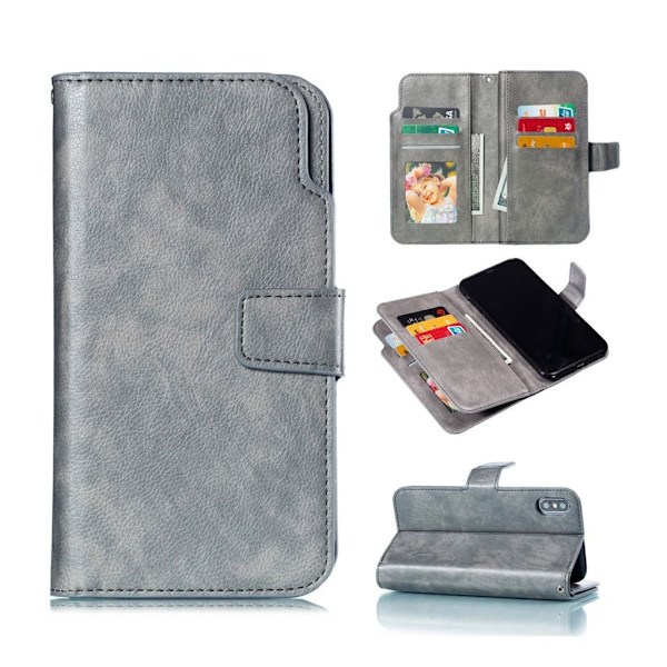 iPhone Xs Max useilla kortti paikoilla varustettu villihevos pintainen synteetti nahkainen lompakko suojakotelo - Harmaa Silver grey