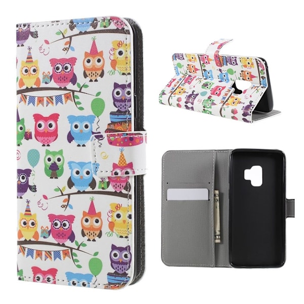 Samsung Galaxy S9 mønstret grynet PU læder flip etui - ugle Familie Multicolor