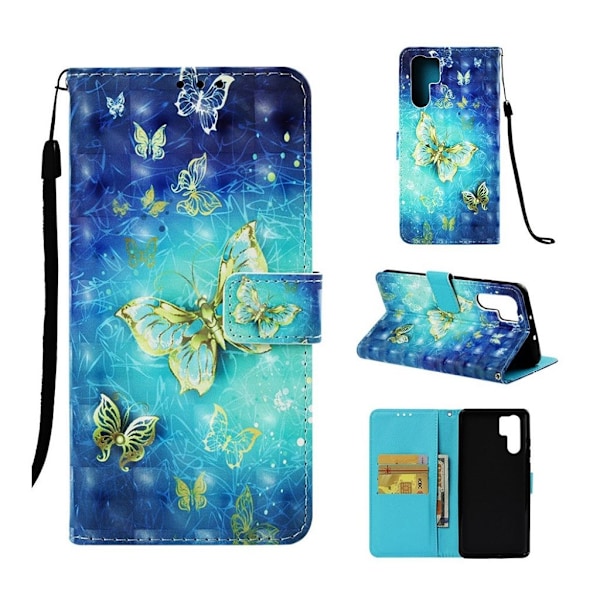 Huawei P30 Pro vaalea piste koriste nahkainen flip Suojakotelo - Kulta ja Sininen Perhonen Blue
