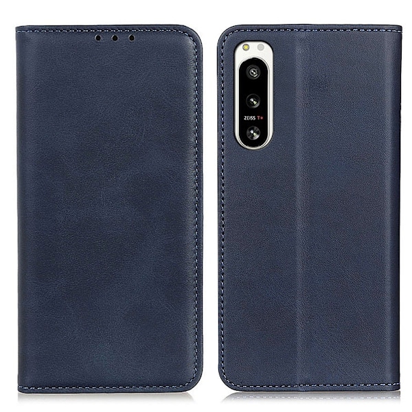 Flip Etui med Pung i Ægte Læder til Sony Xperia 5 Iv - Blå Blue