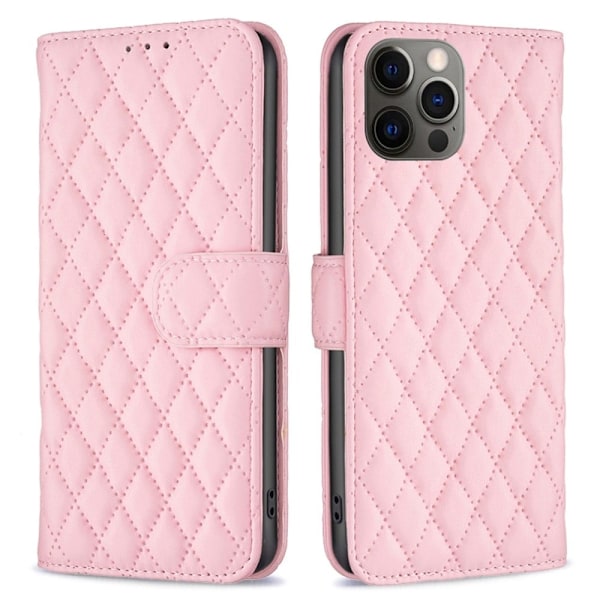 Rombemønster, matt flip-deksel for iPhone 12 Pro - Rosa Pink