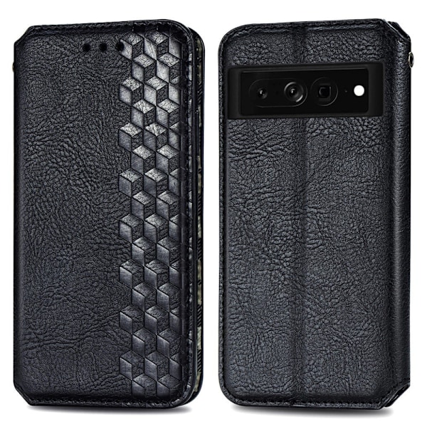 Læder Etui med A Stilfuldt Rhombus Tryk til Google Pixel 7 Pro - Sort Black