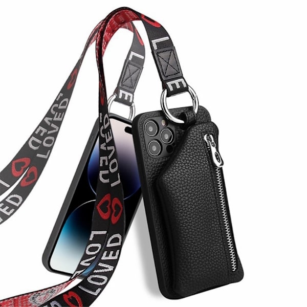 Zipper læderetui med pung til iPhone 14 Pro Max - Sort Black