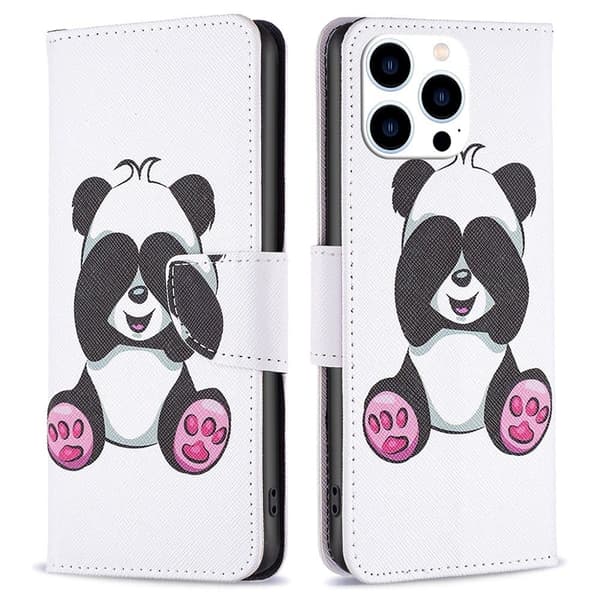 BF Pattern Printing Leather Series-2 iPhone 14 Pro 6.1 inch, Stand Wallet Function Vegansk Læder Cover Inner Flexible Phone Case - Panda White