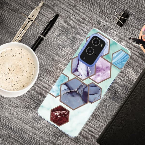 Marble OnePlus 9 Pro Etui - Sekskant Fragmenter i Sky Blå Multicolor