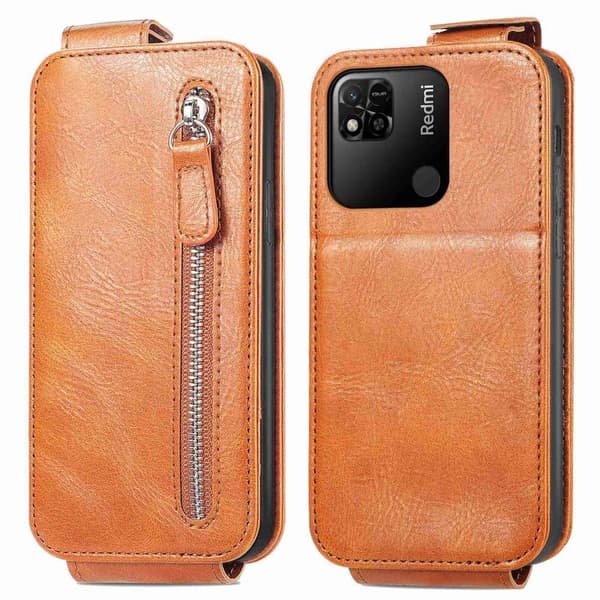 Vertical Flip Phone Etui med Zipper til Xiaomi Redmi 10A - Brun Brown