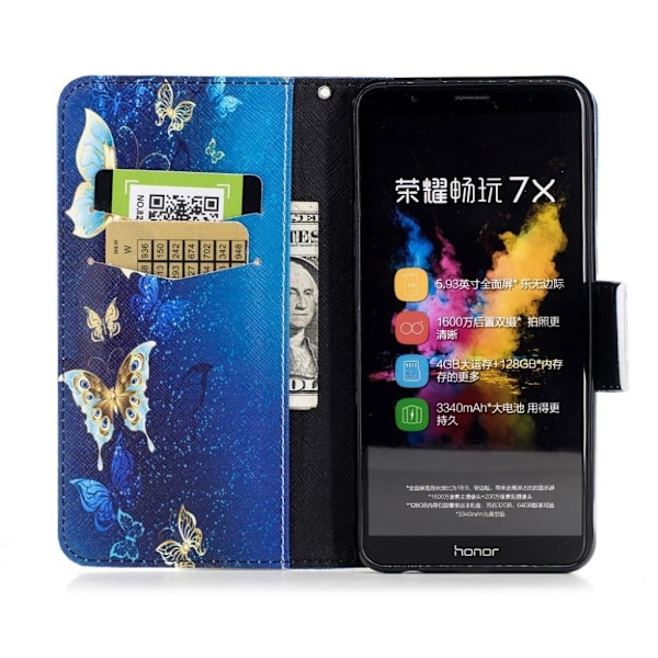 Huawei Honor 7X Printet Mønster PU læder flip etui - Farvet Sommerfugl Multicolor
